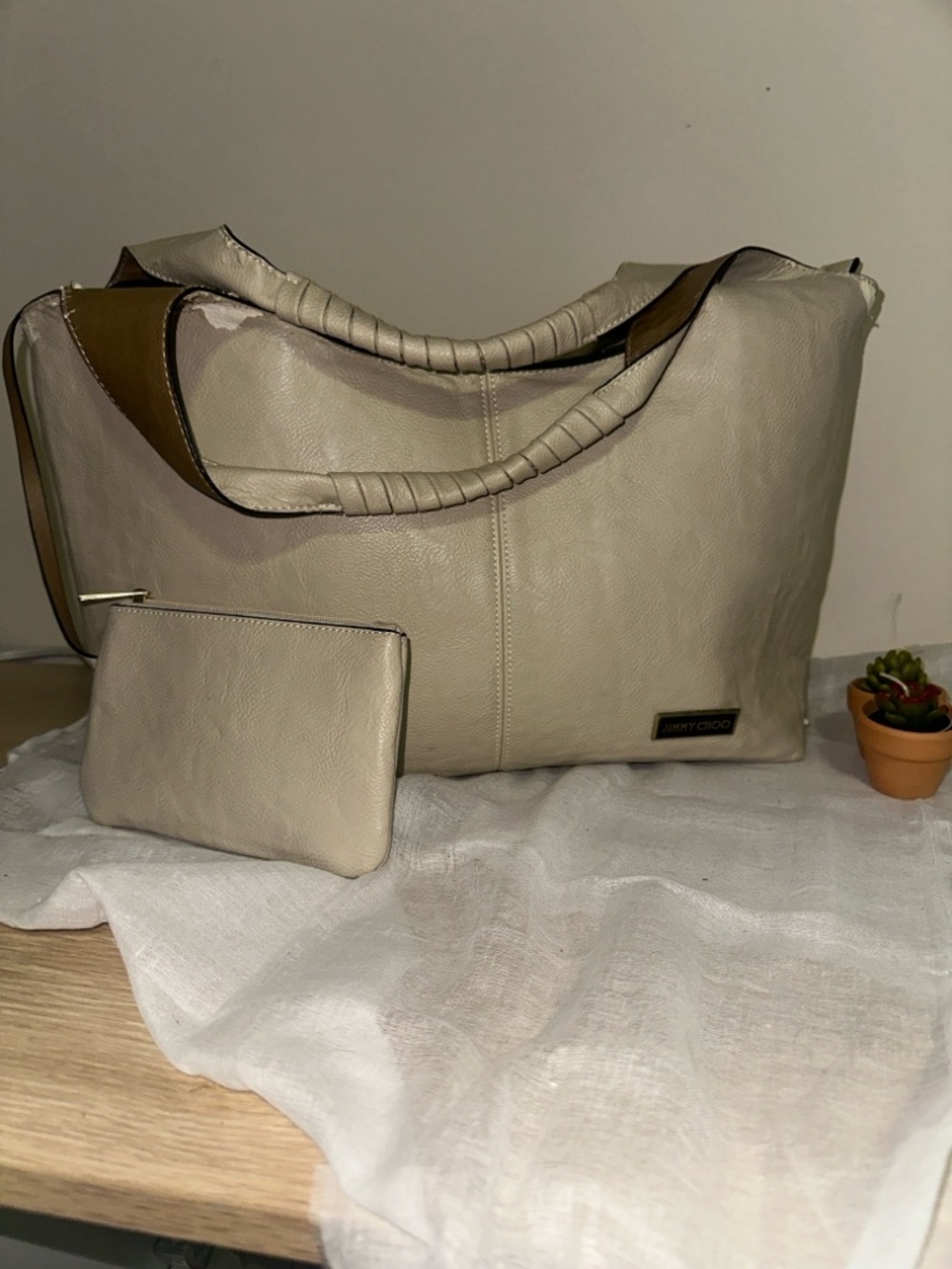 Authentic Jimmy Choo Cream Shoulder Tote with Matching Pouch